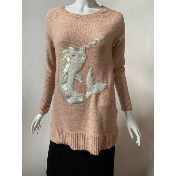 Lauren Conrad Womens Sweater Pink Long Sleeve Fluffy Whale Applique Sequins S - Picture 1 of 12